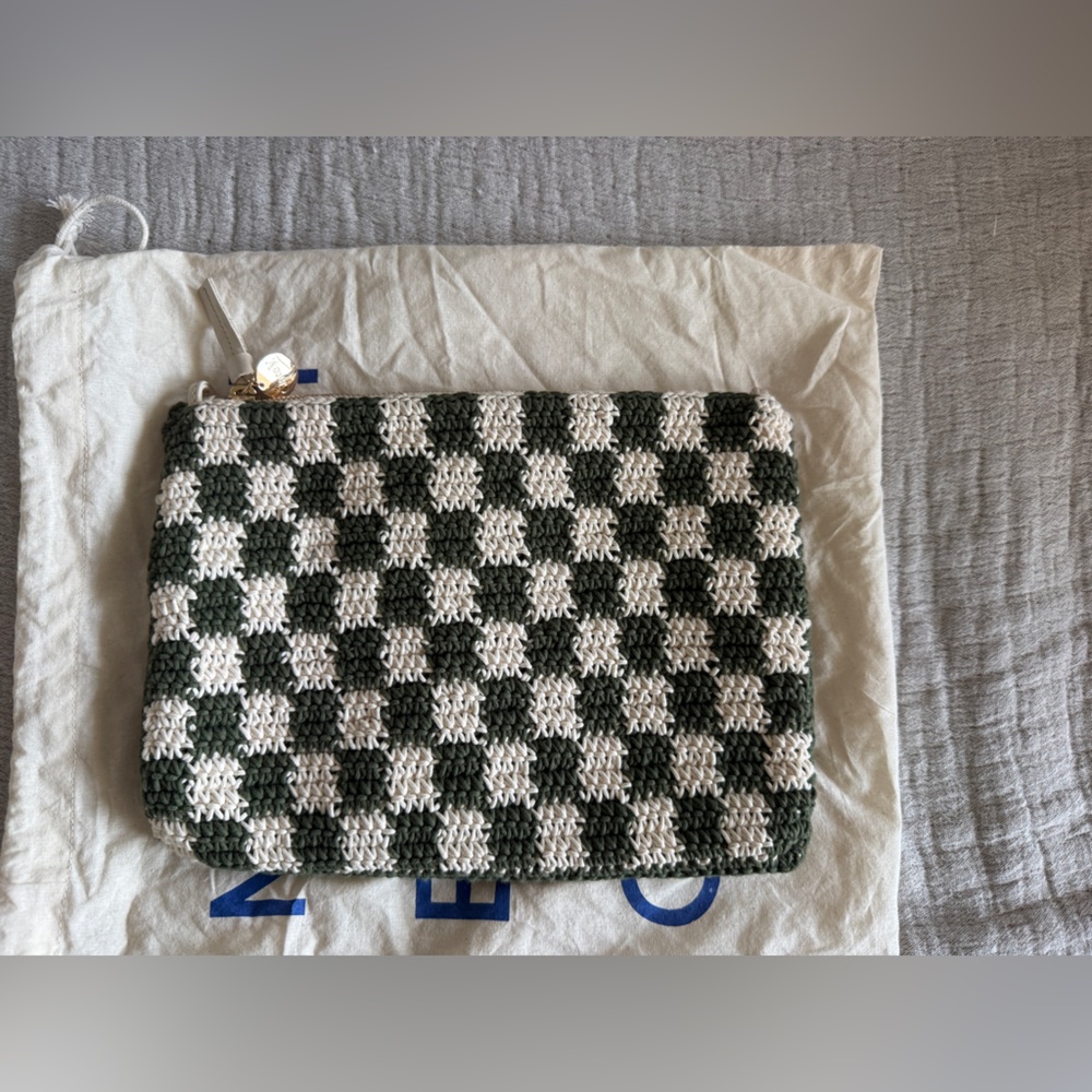 Clare V Olive and Cream Checkered Crochet Flat Clutch